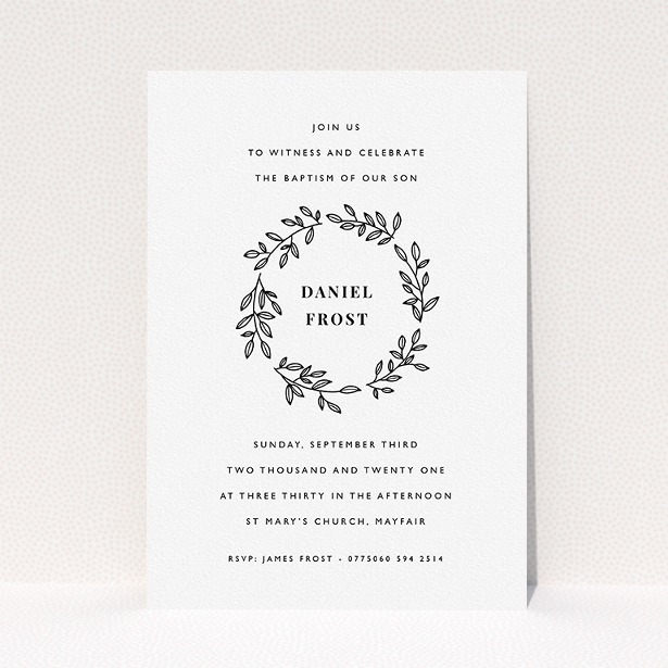 A christening invitation called "Monochrome Wreath". It is an A5 invite in a portrait orientation. "Monochrome Wreath" is available as a flat invite, with tones of black and white.