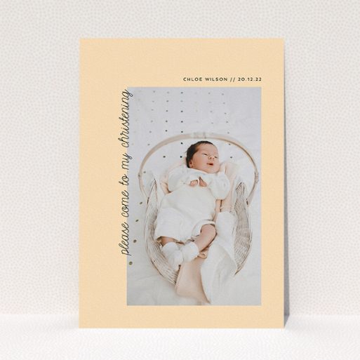 Christening Invitation Design - "Old Orange" A christening invitation called "Old Orange". It is an A5 invite in a portrait orientation. It is a photographic christening invitation with room for 1 photo. "Old Orange" is available as a flat invite, with mainly pale orange colouring.