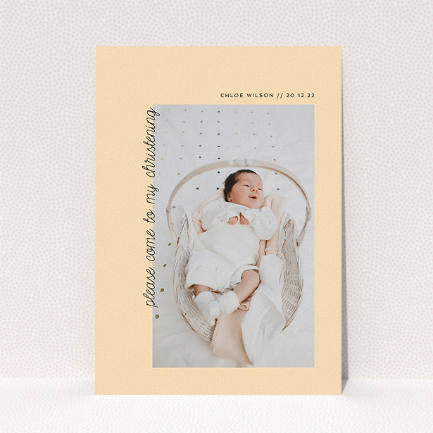 A christening invitation called "Old Orange". It is an A5 invite in a portrait orientation. It is a photographic christening invitation with room for 1 photo. "Old Orange" is available as a flat invite, with mainly pale orange colouring.