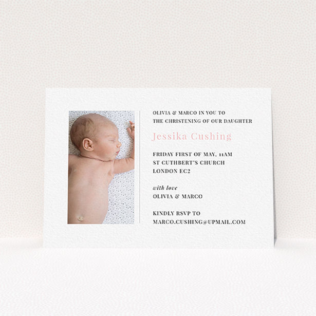 A christening invitation design titled "Please Welcome". It is an A6 invite in a landscape orientation. It is a photographic christening invitation with room for 1 photo. "Please Welcome" is available as a flat invite, with tones of white and pink.