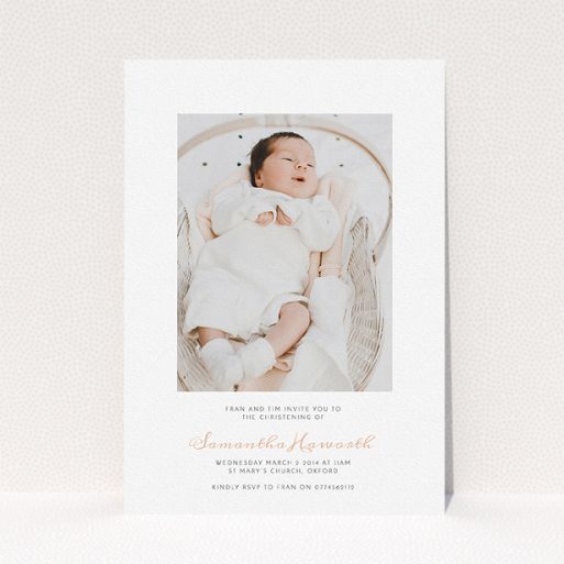 Christening Invitation Design - "Right in the middle" A christening invitation called "Right in the middle". It is an A5 invite in a portrait orientation. It is a photographic christening invitation with room for 1 photo. "Right in the middle" is available as a flat invite, with tones of white and pink.