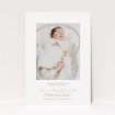 A christening invitation called "Right in the middle". It is an A5 invite in a portrait orientation. It is a photographic christening invitation with room for 1 photo. "Right in the middle" is available as a flat invite, with tones of white and pink.