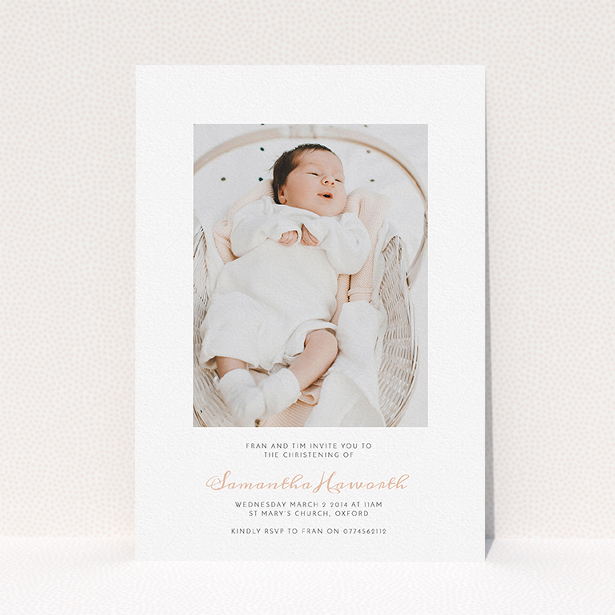 A christening invitation called "Right in the middle". It is an A5 invite in a portrait orientation. It is a photographic christening invitation with room for 1 photo. "Right in the middle" is available as a flat invite, with tones of white and pink.