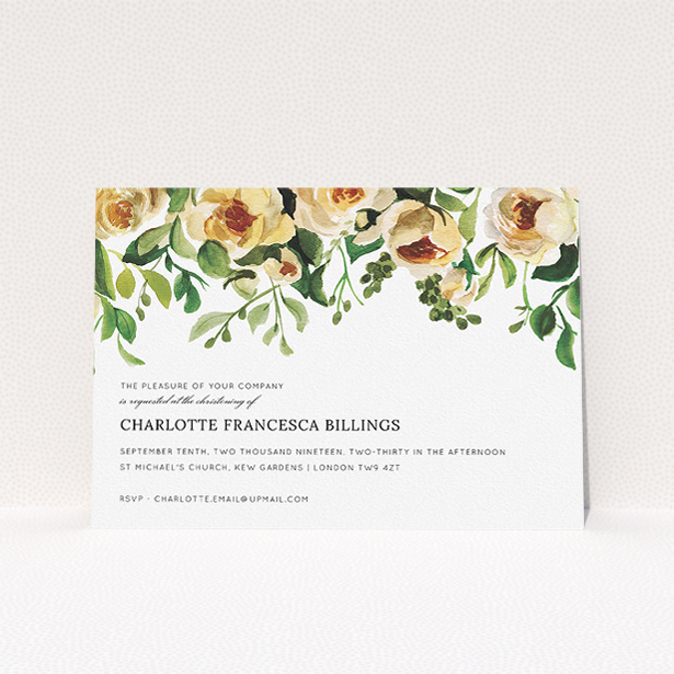 A christening invitation called "Rose Impression". It is an A5 invite in a landscape orientation. "Rose Impression" is available as a flat invite, with mainly pink colouring.