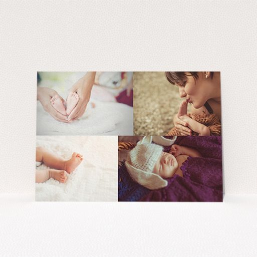 Christening Invitation Design - "Side-by-side" A christening invitation template titled "Side-by-side". It is an A6 invite in a landscape orientation. It is a photographic christening invitation with room for 3 photos. "Side-by-side" is available as a flat invite, with mainly white colouring.