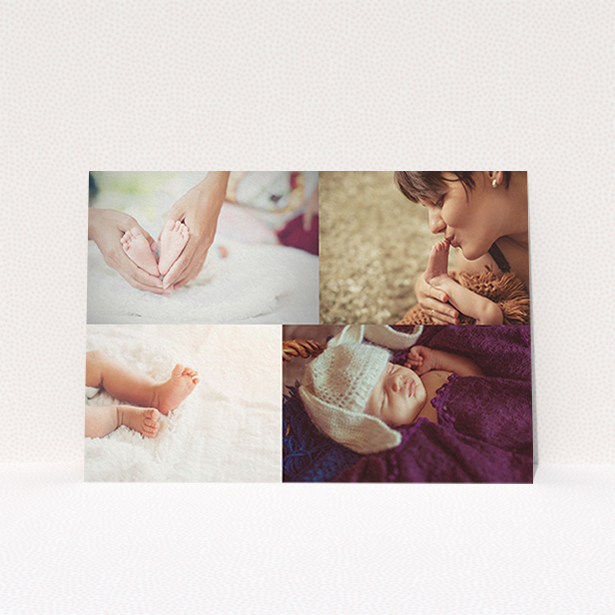 A christening invitation template titled "Side-by-side". It is an A6 invite in a landscape orientation. It is a photographic christening invitation with room for 3 photos. "Side-by-side" is available as a flat invite, with mainly white colouring.