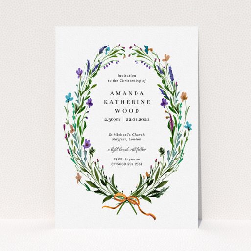 Christening Invitation Design - "Spring Wreath" A christening invitation design titled "Spring Wreath". It is an A5 invite in a portrait orientation. "Spring Wreath" is available as a flat invite, with tones of green and purple.