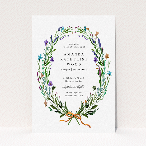 A christening invitation design titled "Spring Wreath". It is an A5 invite in a portrait orientation. "Spring Wreath" is available as a flat invite, with tones of green and purple.