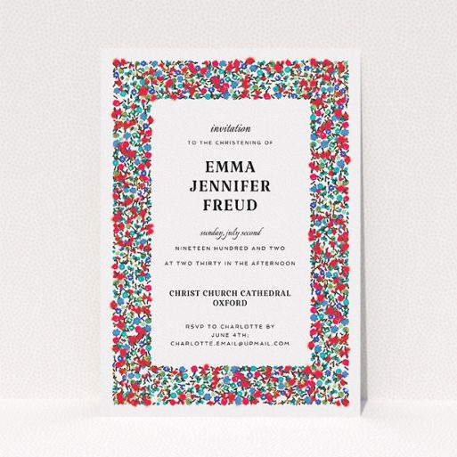 Christening Invitation Design - "Summer from a distance" A christening invitation template titled "Summer from a distance". It is an A5 invite in a portrait orientation. "Summer from a distance" is available as a flat invite, with tones of white and red.