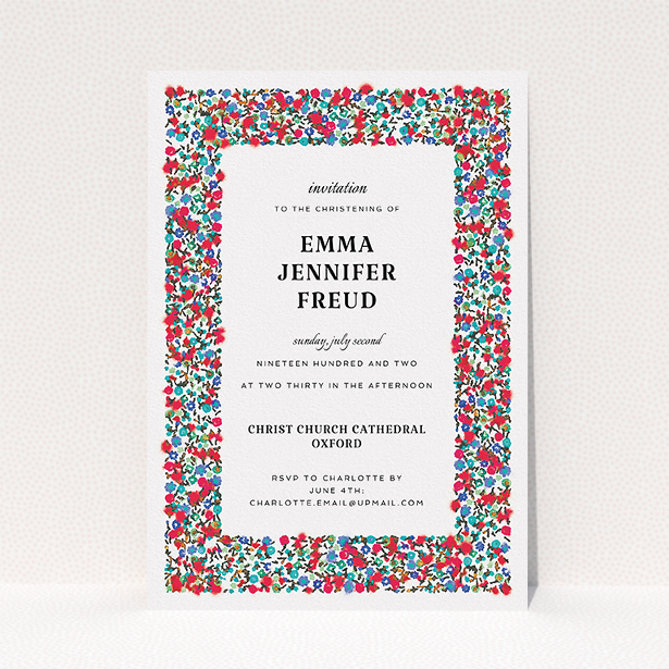 A christening invitation template titled "Summer from a distance". It is an A5 invite in a portrait orientation. "Summer from a distance" is available as a flat invite, with tones of white and red.