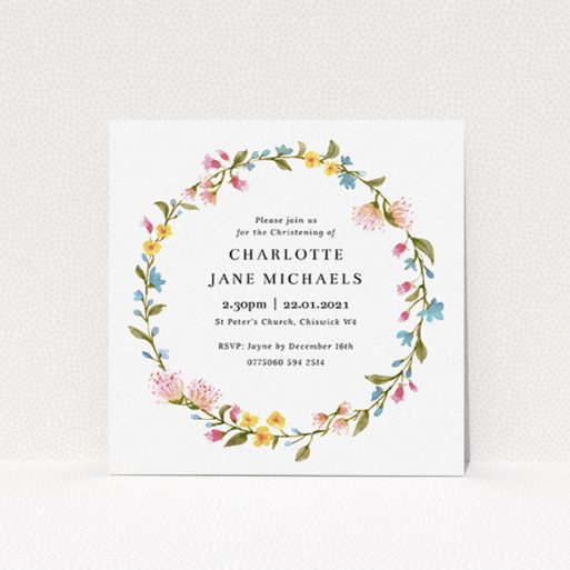 Christening Invitation Design - "Thin Spring" A christening invitation called "Thin Spring". It is a square (148mm x 148mm) invite in a square orientation. "Thin Spring" is available as a flat invite, with mainly pink colouring.