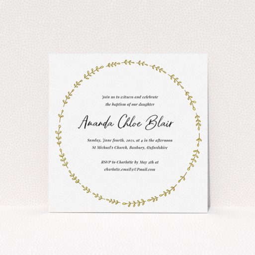 Christening Invitation Design - "Thin Yellow Wreath" A christening invitation design named "Thin Yellow Wreath". It is a square (148mm x 148mm) invite in a square orientation. "Thin Yellow Wreath" is available as a flat invite, with tones of white and yellow.