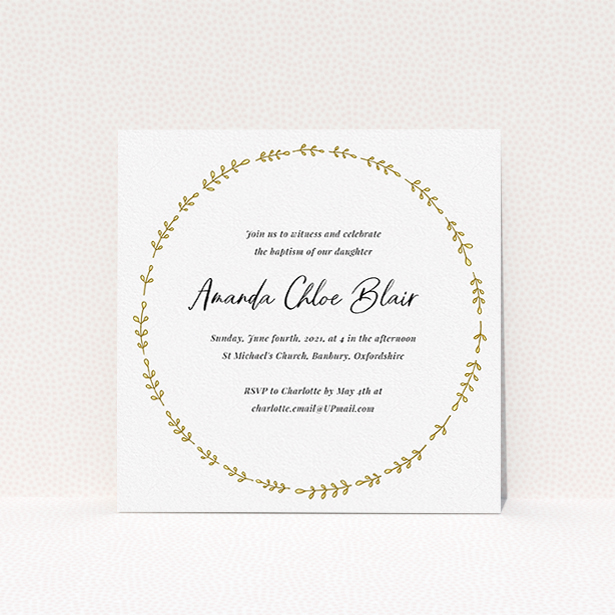 A christening invitation design named "Thin Yellow Wreath". It is a square (148mm x 148mm) invite in a square orientation. "Thin Yellow Wreath" is available as a flat invite, with tones of white and yellow.