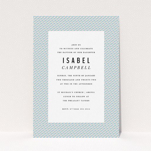 Christening Invitation Design - "Tiny, tiny Sea Lions" A christening invitation called "Tiny, tiny Sea Lions". It is an A5 invite in a portrait orientation. "Tiny, tiny Sea Lions" is available as a flat invite, with tones of blue and green.