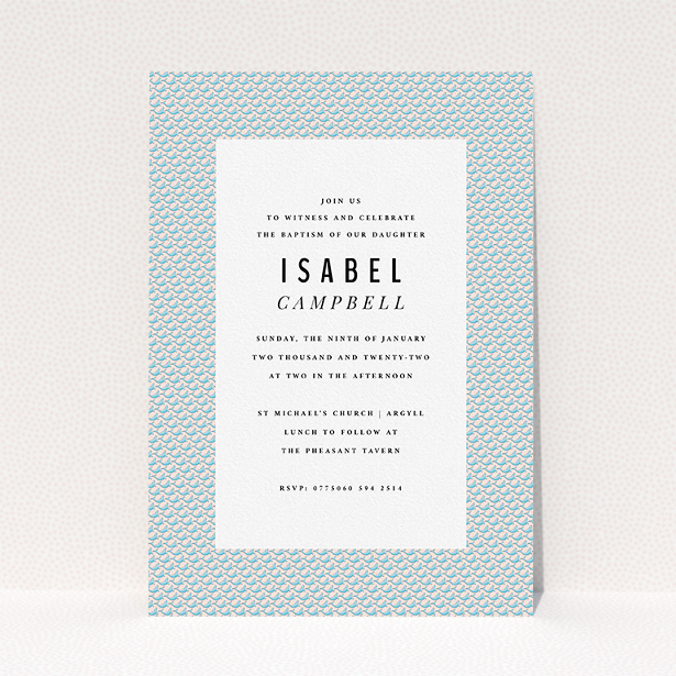 A christening invitation called "Tiny, tiny Sea Lions". It is an A5 invite in a portrait orientation. "Tiny, tiny Sea Lions" is available as a flat invite, with tones of blue and green.