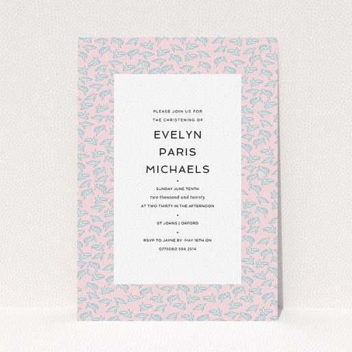 Christening Invitation Design - "Tiny, tiny Turtles" A christening invitation design named "Tiny, tiny Turtles". It is an A5 invite in a portrait orientation. "Tiny, tiny Turtles" is available as a flat invite, with tones of blue and pink.