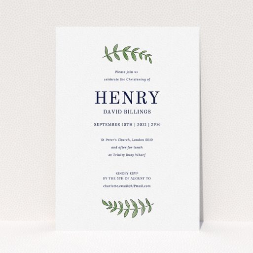 Christening Invitation Design - "Top and Bottom" A christening invitation named "Top and Bottom". It is an A5 invite in a portrait orientation. "Top and Bottom" is available as a flat invite, with tones of white and green.