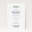 A christening invitation named "Top and Bottom". It is an A5 invite in a portrait orientation. "Top and Bottom" is available as a flat invite, with tones of white and green.