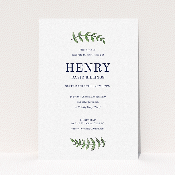 A christening invitation named "Top and Bottom". It is an A5 invite in a portrait orientation. "Top and Bottom" is available as a flat invite, with tones of white and green.