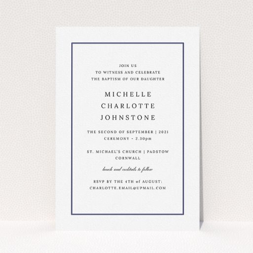 Christening Invitation Design - "Tradition" A christening invitation template titled "Tradition". It is an A5 invite in a portrait orientation. "Tradition" is available as a flat invite, with tones of white and blue.