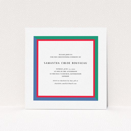 Christening Invitation Design - "Turl Street" A christening invitation design titled "Turl Street". It is a square (148mm x 148mm) invite in a square orientation. "Turl Street" is available as a flat invite, with mainly green colouring.