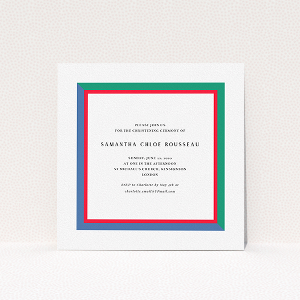 A christening invitation design titled "Turl Street". It is a square (148mm x 148mm) invite in a square orientation. "Turl Street" is available as a flat invite, with mainly green colouring.