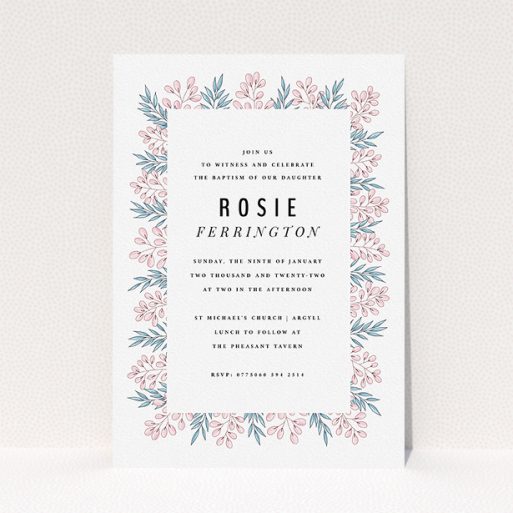Christening Invitation Design - "Tussled Blossom" A christening invitation template titled "Tussled Blossom". It is an A5 invite in a portrait orientation. "Tussled Blossom" is available as a flat invite, with tones of blue and pink.