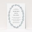A christening invitation design titled "Tussled Wreath". It is an A5 invite in a portrait orientation. "Tussled Wreath" is available as a flat invite, with tones of blue and white.