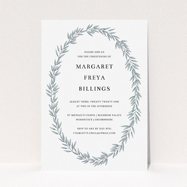 A christening invitation design titled "Tussled Wreath". It is an A5 invite in a portrait orientation. "Tussled Wreath" is available as a flat invite, with tones of blue and white.