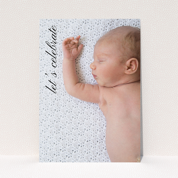 A christening invitation named "Up the side". It is an A5 invite in a portrait orientation. It is a photographic christening invitation with room for 1 photo. "Up the side" is available as a flat invite, with mainly black colouring.