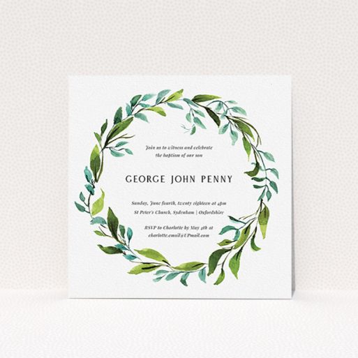 Christening Invitation Design - "Watercolour Wreath" A christening invitation design called "Watercolour Wreath". It is a square (148mm x 148mm) invite in a square orientation. "Watercolour Wreath" is available as a flat invite, with tones of blue and green.