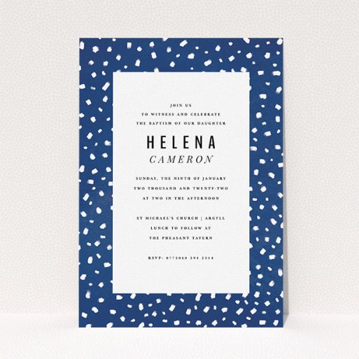 Christening Invitation Design - "White Polka dots" A christening invitation called "White Polka dots". It is an A5 invite in a portrait orientation. "White Polka dots" is available as a flat invite, with tones of blue and white.