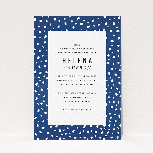 A christening invitation called "White Polka dots". It is an A5 invite in a portrait orientation. "White Polka dots" is available as a flat invite, with tones of blue and white.