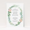 A christening invitation design titled "Winter Rose Wreath". It is an A5 invite in a portrait orientation. "Winter Rose Wreath" is available as a flat invite, with tones of white, light green and pink.