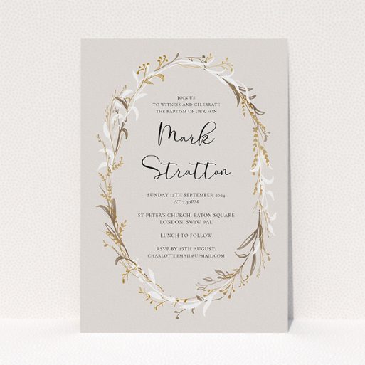 Christening Invitation Design - "Winter Wreath" A christening invitation named "Winter Wreath". It is an A5 invite in a portrait orientation. "Winter Wreath" is available as a flat invite, with tones of dark cream and gold.