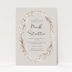 A christening invitation named "Winter Wreath". It is an A5 invite in a portrait orientation. "Winter Wreath" is available as a flat invite, with tones of dark cream and gold.