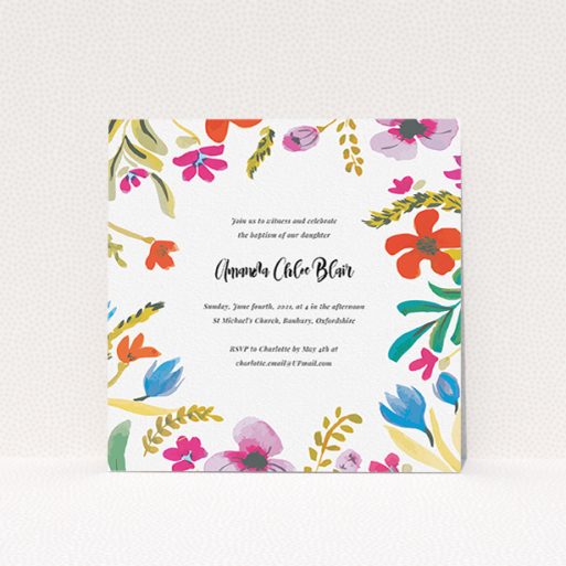 Christening Invite Design - "Abstract Summer" A christening invite named "Abstract Summer". It is a square (148mm x 148mm) invite in a square orientation. "Abstract Summer" is available as a flat invite, with tones of white and red.