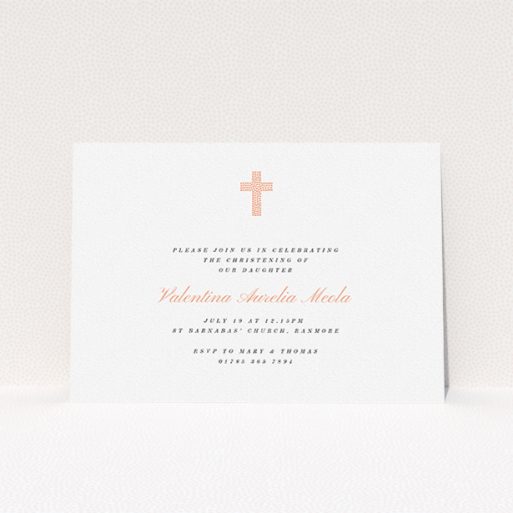 Christening Invite Design - "Baby Pink Cross" A christening invite template titled "Baby Pink Cross". It is an A5 invite in a landscape orientation. "Baby Pink Cross" is available as a flat invite, with tones of white and pink.