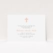 A christening invite template titled "Baby Pink Cross". It is an A5 invite in a landscape orientation. "Baby Pink Cross" is available as a flat invite, with tones of white and pink.