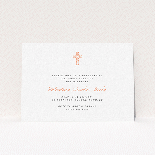 A christening invite template titled "Baby Pink Cross". It is an A5 invite in a landscape orientation. "Baby Pink Cross" is available as a flat invite, with tones of white and pink.