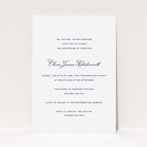 Christening Invite Design - "Berkeley Square" A christening invite named "Berkeley Square". It is an A5 invite in a portrait orientation. "Berkeley Square" is available as a flat invite, with tones of white and blue.