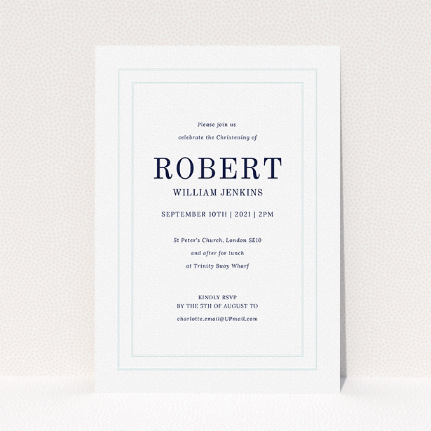 A christening invite called "Border Impression". It is an A5 invite in a portrait orientation. "Border Impression" is available as a flat invite, with tones of blue and white.