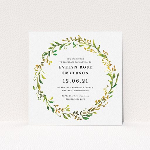 Christening Invite Design - "Catalan Wreath" A christening invite named "Catalan Wreath". It is a square (148mm x 148mm) invite in a square orientation. "Catalan Wreath" is available as a flat invite, with tones of green, orange and yellow.