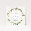A christening invite named "Catalan Wreath". It is a square (148mm x 148mm) invite in a square orientation. "Catalan Wreath" is available as a flat invite, with tones of green, orange and yellow.