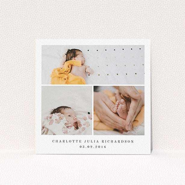 A christening invite called "Clasic Tryptic". It is a square (148mm x 148mm) invite in a square orientation. It is a photographic christening invite with room for 3 photos. "Clasic Tryptic" is available as a flat invite, with mainly white colouring.