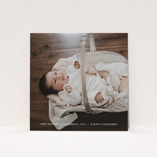 Christening Invite Design - "Classic Christening Photo" A christening invite design titled "Classic Christening Photo". It is a square (148mm x 148mm) invite in a square orientation. It is a photographic christening invite with room for 1 photo. "Classic Christening Photo" is available as a flat invite, with mainly white colouring.
