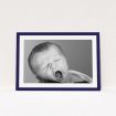 A christening invite called "Classic Navy Photo Frame". It is an A5 invite in a landscape orientation. It is a photographic christening invite with room for 1 photo. "Classic Navy Photo Frame" is available as a flat invite, with tones of blue and white.