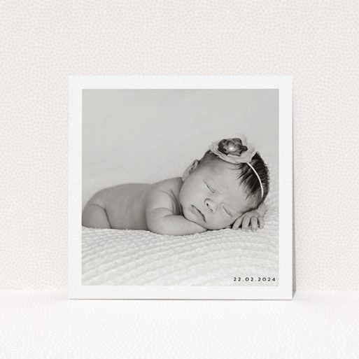 Christening Invite Design - "Classic Photo & Date Arrangement" A christening invite design called "Classic Photo & Date Arrangement". It is a square (148mm x 148mm) invite in a square orientation. It is a photographic christening invite with room for 1 photo. "Classic Photo & Date Arrangement" is available as a flat invite, with mainly white colouring.