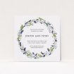 A christening invite design named "Classic Wildflower Wreath". It is a square (148mm x 148mm) invite in a square orientation. "Classic Wildflower Wreath" is available as a flat invite, with tones of off-white and dark green.