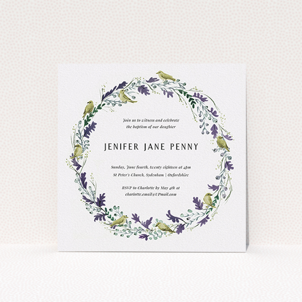A christening invite design named "Classic Wildflower Wreath". It is a square (148mm x 148mm) invite in a square orientation. "Classic Wildflower Wreath" is available as a flat invite, with tones of off-white and dark green.